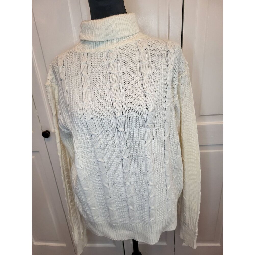 Ivory Cable Knit Turtleneck Sweater Chunky Knit XL Fisherman Old Money Preppy